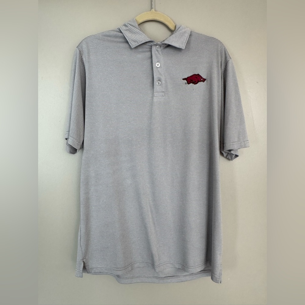 Arkansas University Razorbacks Gray Stripe Polo Shirt with Embroidered Logo